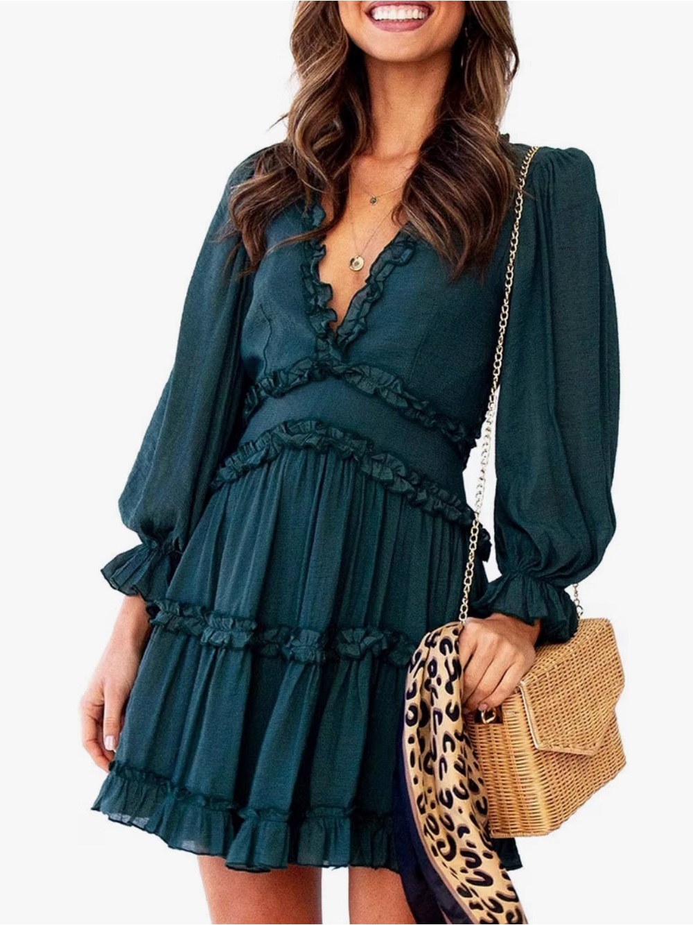 Women's Ruffle Tiered V-Neck Dress - Dark Teal